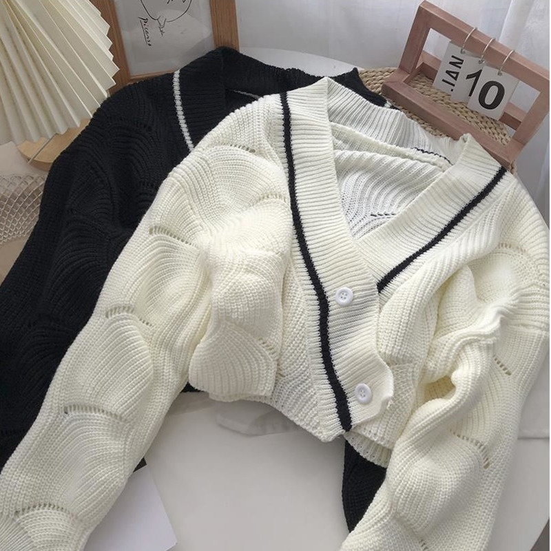 Áo cardigan RENJIANVSHENG tay dài cổ chữ V dệt kim dáng ngắn phong cách Hàn Quốc retro thời trang dành cho nữ