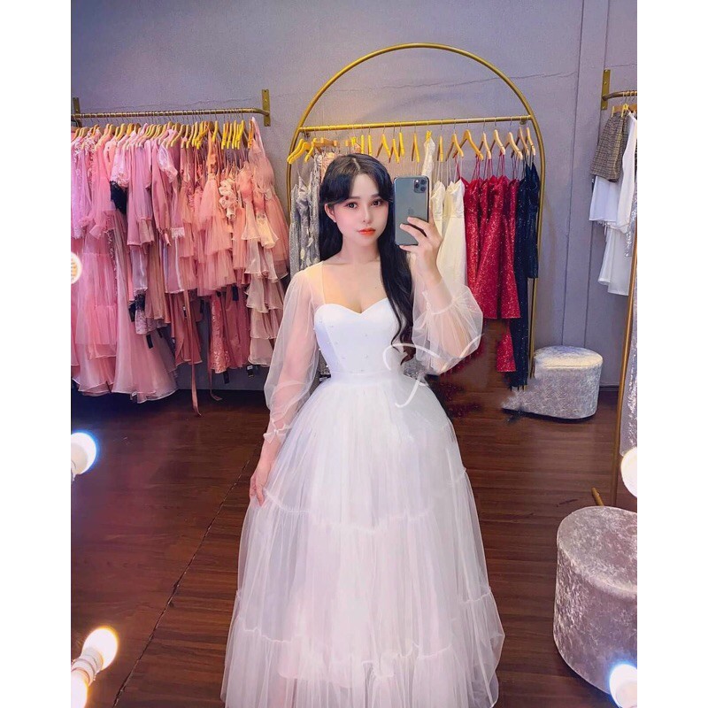 ĐẦM XÒE KIM TUYẾN TAY DÀI ĐÍNH CƯỜM