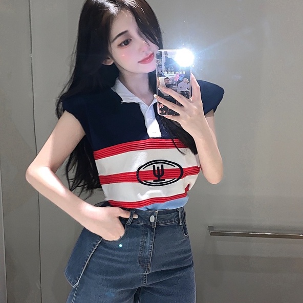 Áo kiểu ZHELIHANGFEI dệt kim sát nách cổ polo dáng rộng kẻ sọc cá tính thời trang