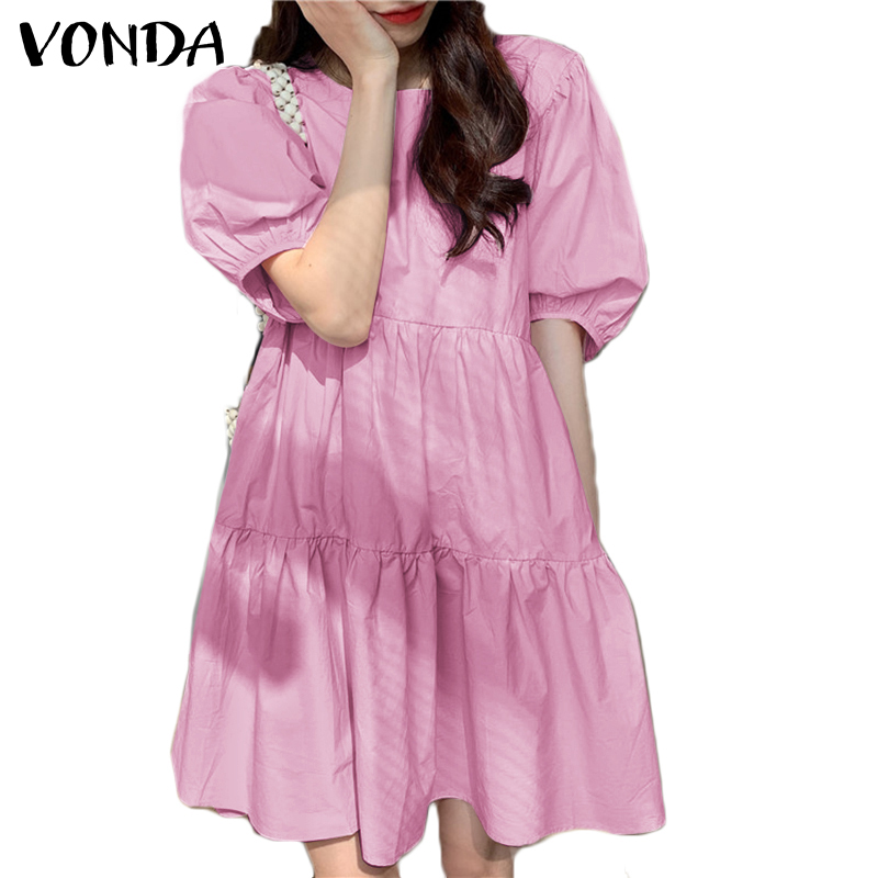 VONDA Women Casual Korean Short Sleeve Round Neck Loose Plain Pleated Short Dress