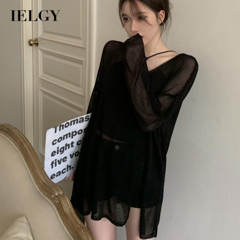 Áo thun IELGY vải mỏng màu đen xuyên thấu dáng rộng chống nắng phong cách Hàn Quốc cho nữ