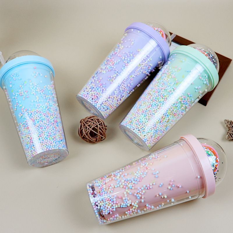 LY NƯỚC CẦU VÒNG HAI LỚP NHỰA GIỮ NHIỆT CÓ ỐNG HÚT VÀ BÔNG TUYẾT MÀU RAINBOW