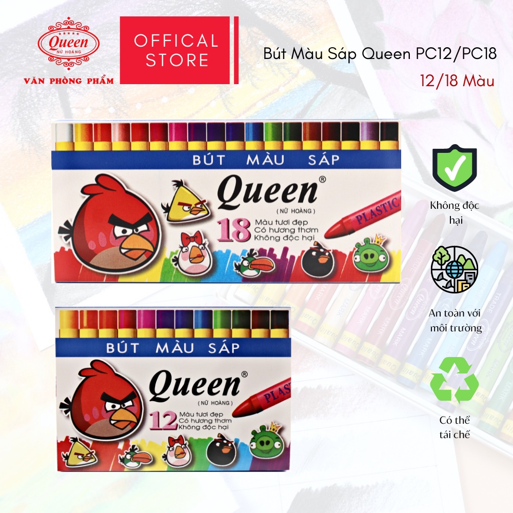 Bút sáp màu Queen  - Hộp giấy 12 màu/18 màu - Chính Hãng - Tặng Sticker Hoạt Hình & Giấy Tô Màu