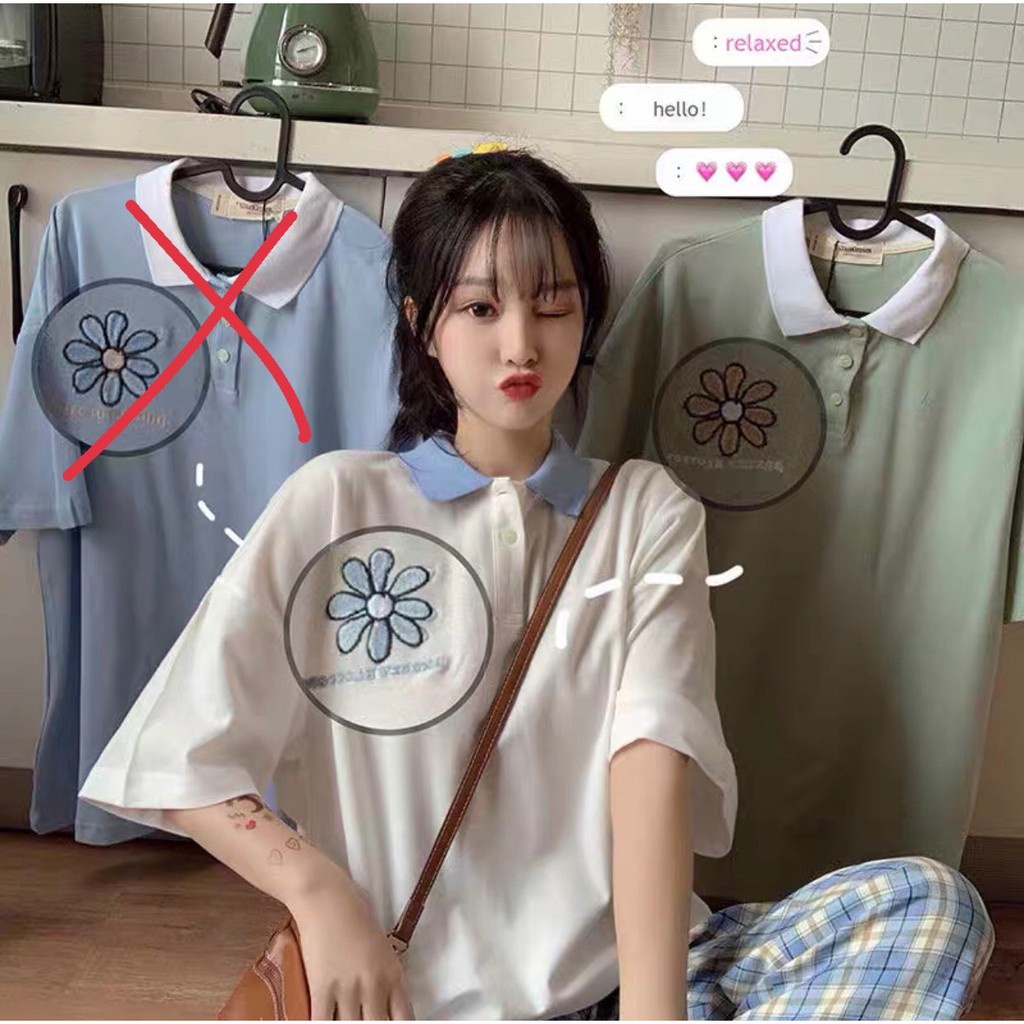 ÁO POLO MIX CỔ XANH TRẮNG THÊU HOA DAISY ULZZANG - ÁO THUN TAY LỠ CỔ BẺ ULLZANG