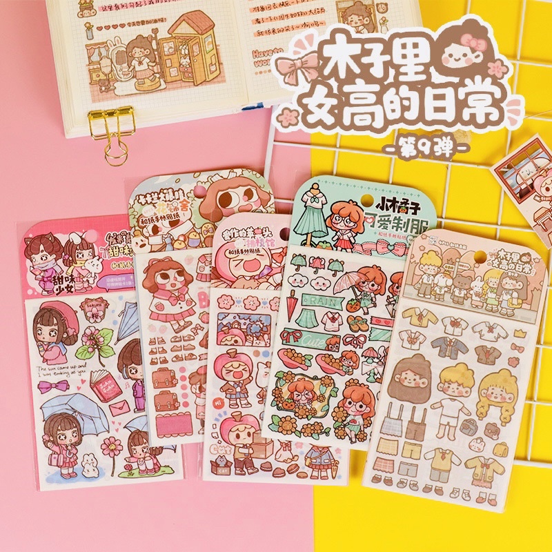 Set 4 Tấm Sticker Dạng Washi Tự Cắt Hình Cô Gái Và Gấu Dễ Thương Trang Trí Bullet Journal