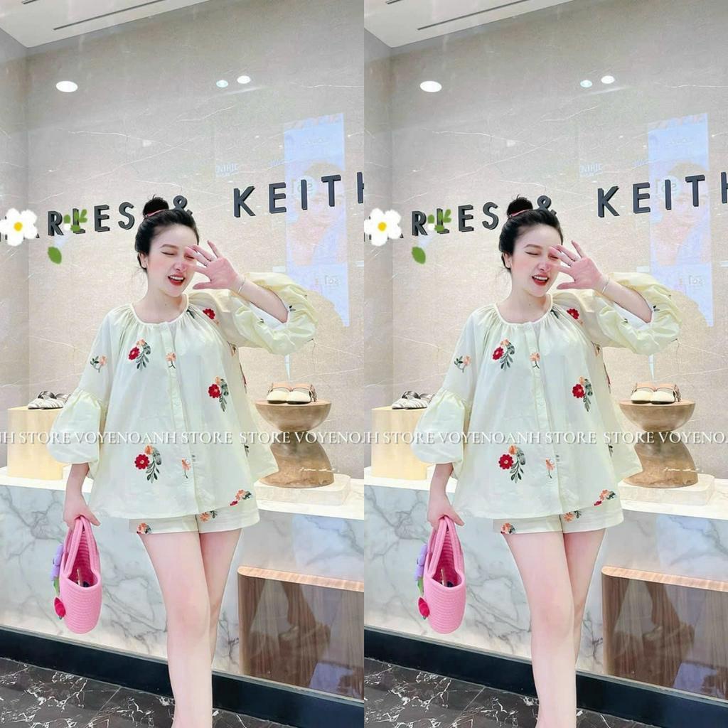 Sét bộ đồ nữ áo tay phồng dài phối lụa hoa xinh xắn dễ thương mix quần đùi duyên dáng đi chơi