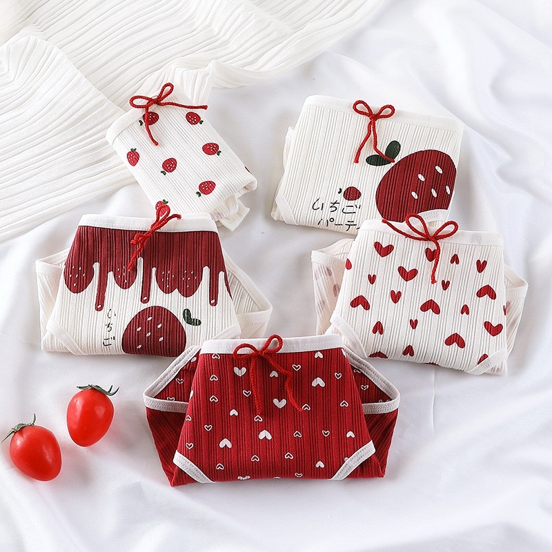 Quần Lót Cotton Tăm Tim - Dâu Đỏ Đính Nơ Mềm Mại Cute