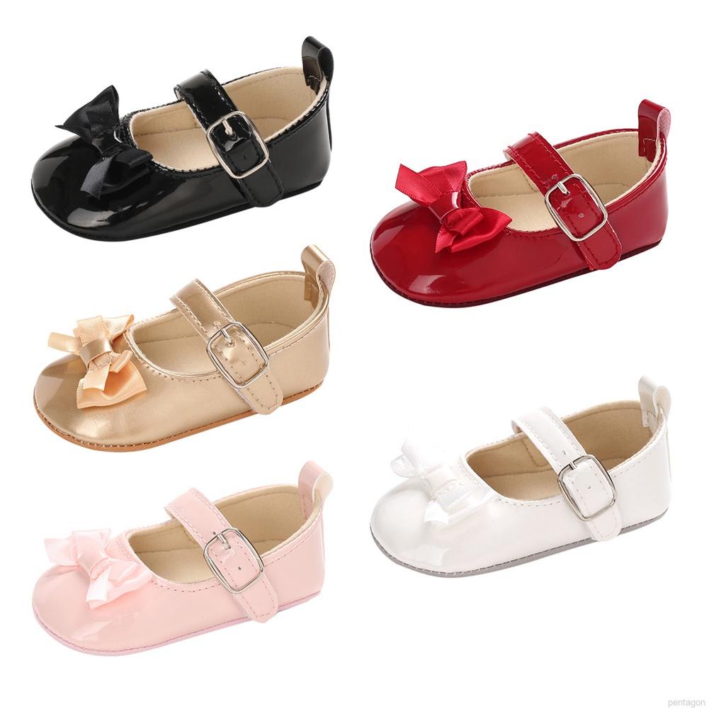 Giày búp bê da PU đính nơ xinh xắn cho bé gái 0-18 tháng tuổi