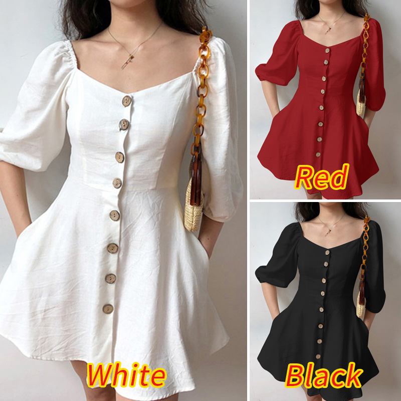 Đầm Ngắn Nữ ZANZEA Màu Trơn Tay Ngắn Cổ Áo Trái Tim Ôm Dáng Thời Trang