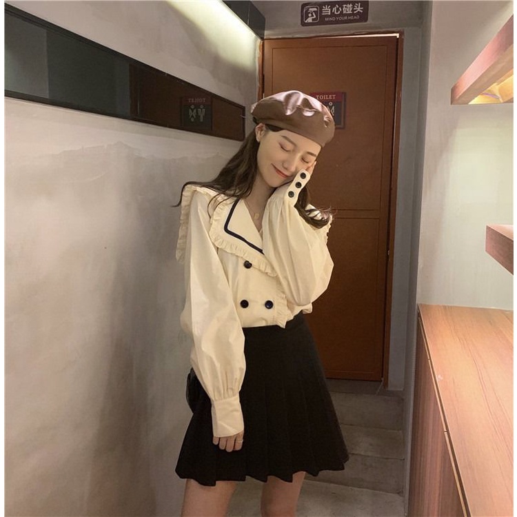 Áo Sơ Mi Tay Dài Cổ Búp Bê Phối Hai Hàng Nút Phong Cách Hàn Quốc Thời Trang Mùa Thu Cho Nữ 2021