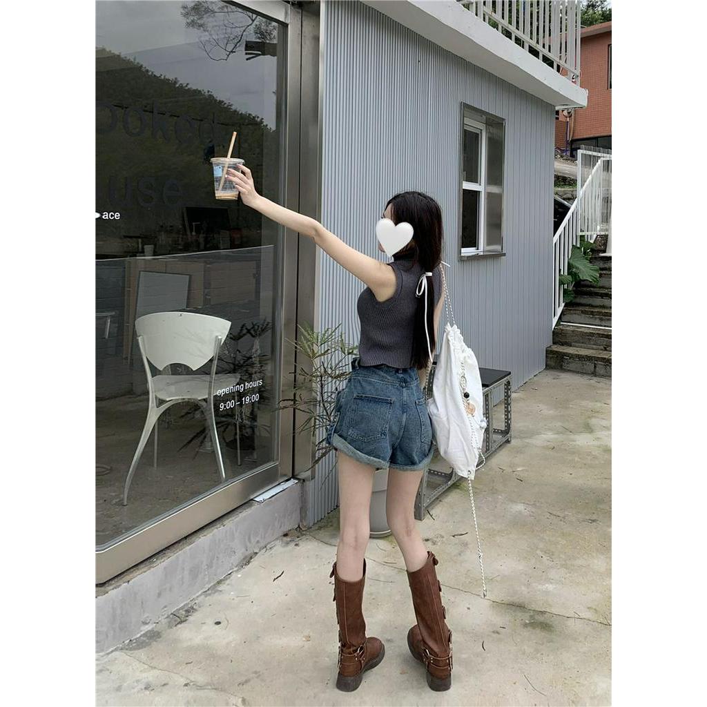 Quần Short Denim Lưng Cao Ống Rộng Dáng Chữ A Phối Thắt Lưng Thời Trang Cá Tính