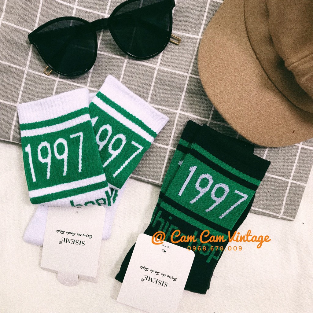 TẤT CAO CỔ NAM VƠ CAO CỔ NỮ ULZZANG TẤT UNISEX ĐEN TRĂNG CỔ CAO CHỮ XANH 1997