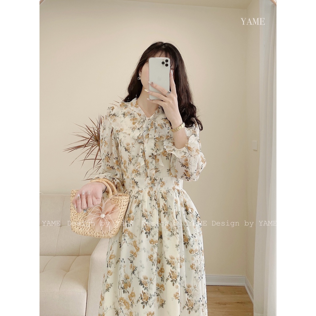 Váy đầm nữ tơ hoa dáng suông dài tay bo chun cổ bèo Flane màu be YAME