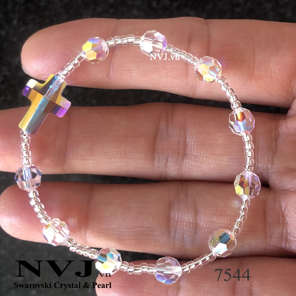 Chuỗi mân côi pha lê Swarovski 10 hạt tròn 6ly & hạt cườm Nhật dễ thương