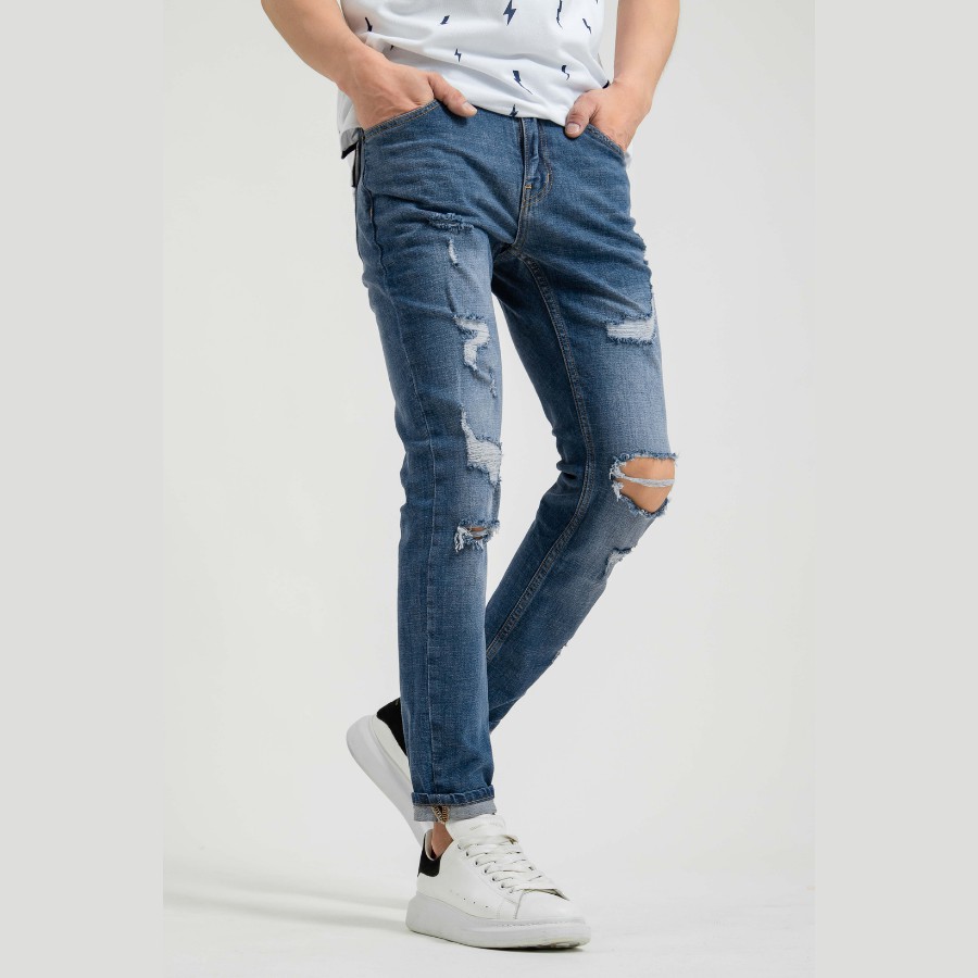 Quần jean dài nam cao cấp xanh denim MRC 207261 chất cotton cao cấp, form ôm vừa vặn, tôn dáng, trẻ trung - MENFIT
