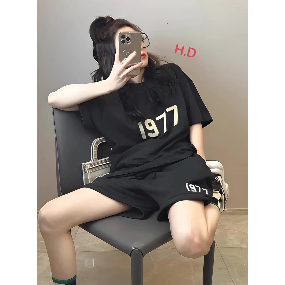 SEt bô cho nam nữ áo phông tay lỡ cùng quần đùi đồng bộ 1977 FREESIZE