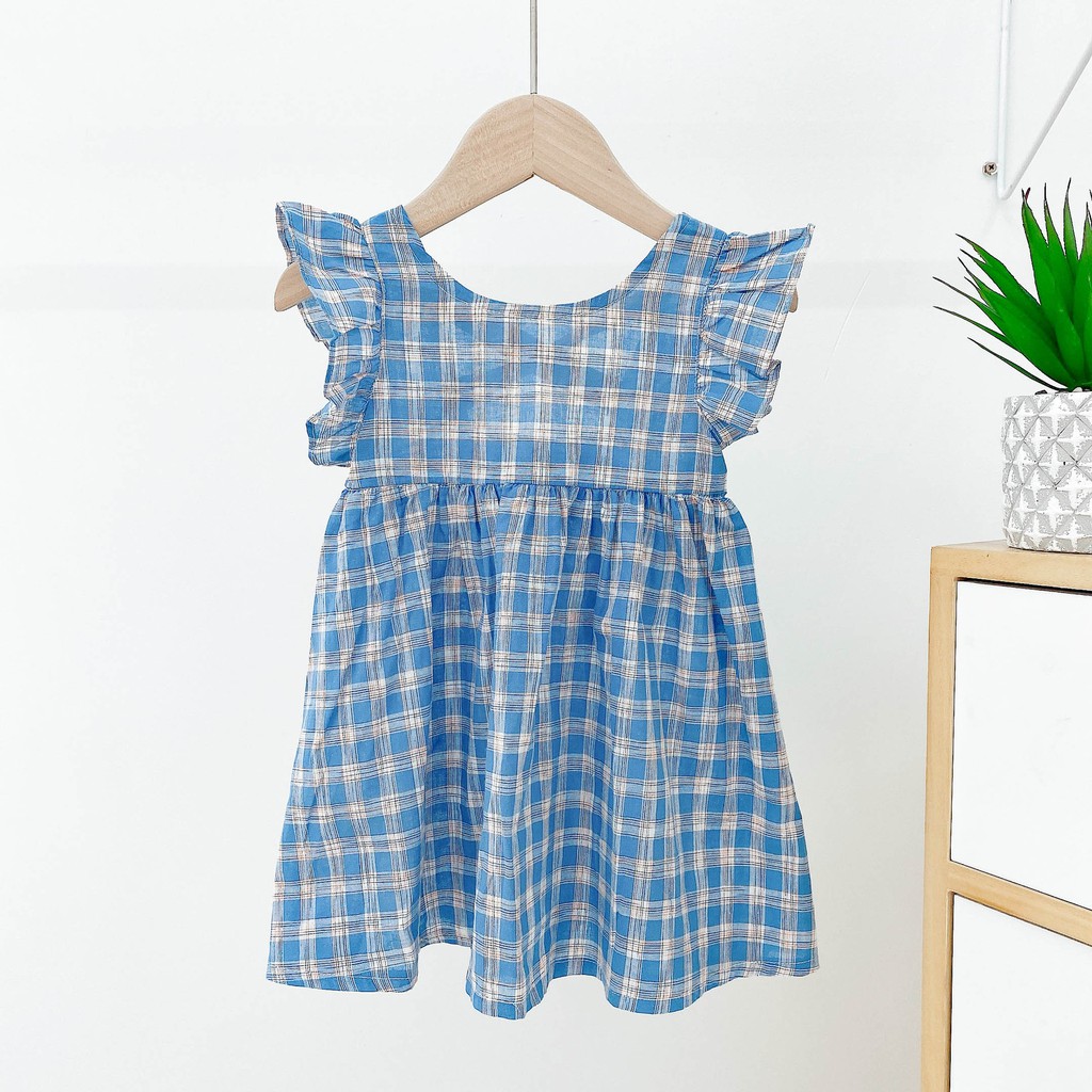 Váy Đầm Cánh Tiên Họa Tiết Kẻ Caro Cho Bé Gái 8-26kg