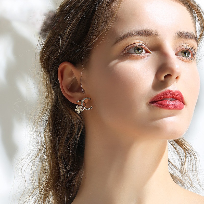 Bông tai mạ bạc 925 hình hoa đính đá phong cách giản dị thời trang Hàn Quốc