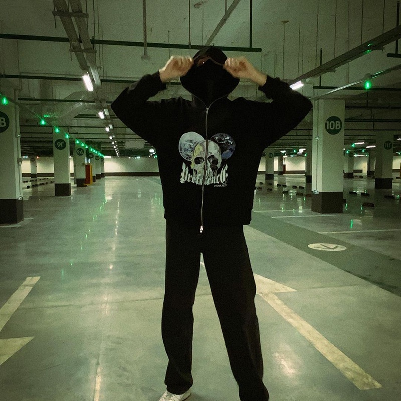 Áo khoác hoodie MMIOT Y2K tay dài có khóa kéo in họa tiết đầu lâu phong cách gothic Hàn Quốc thời trang thể thao