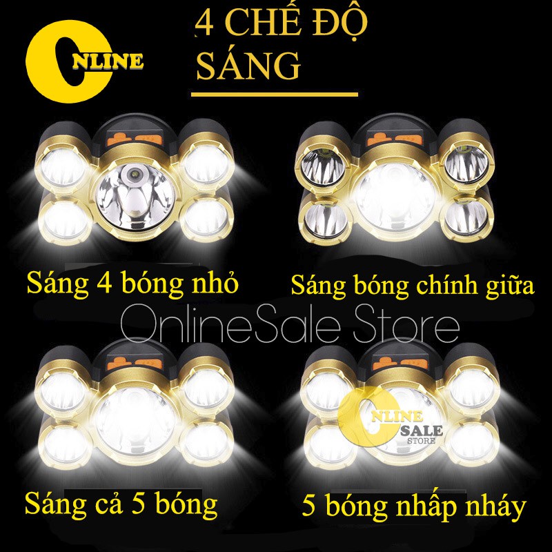 [Mẫu mới] Đèn pin đội đầu đeo trán 5 bóng siêu sáng dùng pin sạc siêu tiện lợi (có dây sạc kèm theo)