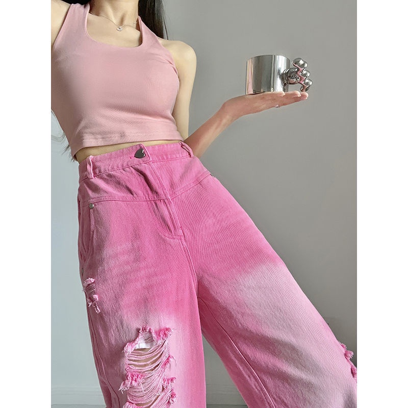 Quần Jean Dài Ống Rộng Phối Rách Màu Hồng Plus Size Phong Cách Đường Phố Âu Mỹ