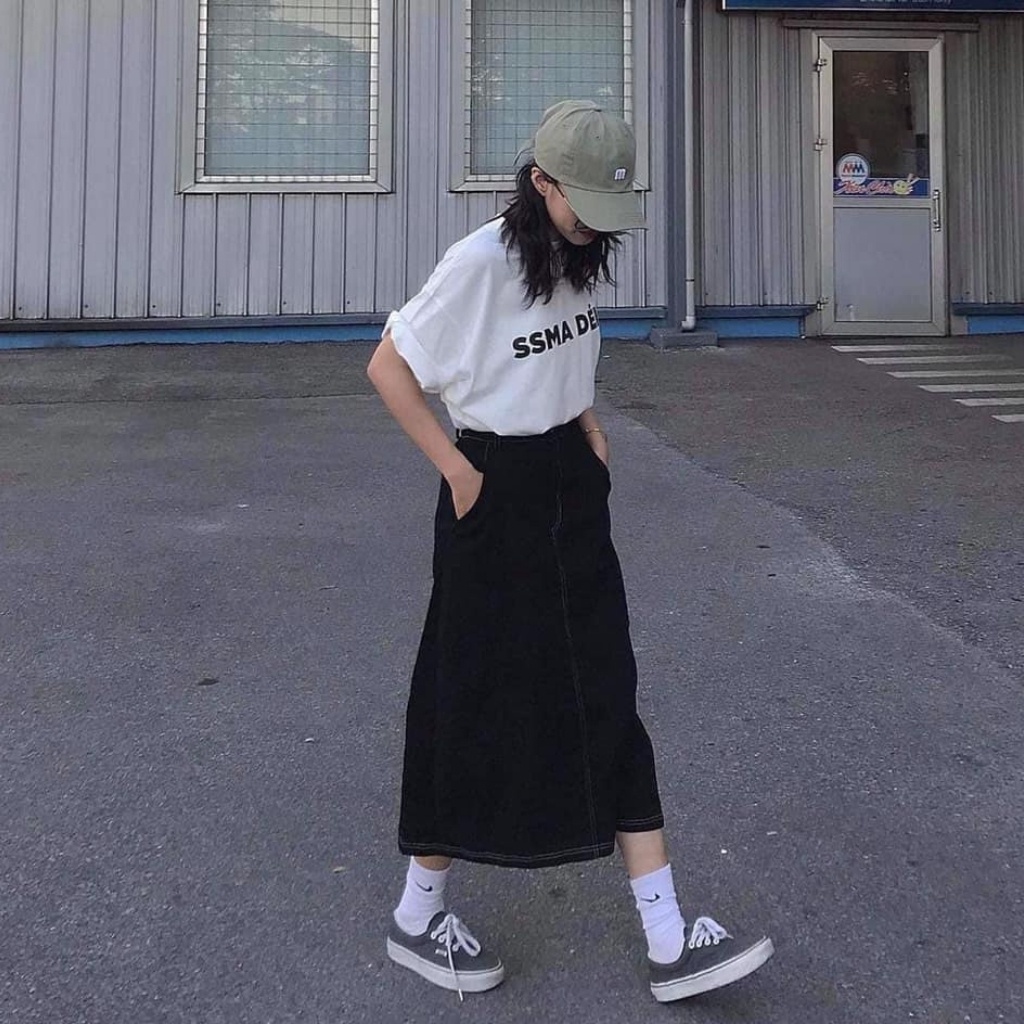 Chân váy dài qua gối kaki giả jean midi viền chỉ nổi basix trẻ trung năng động màu đen chất đẹp chuẩn ảnh | BigBuy360 - bigbuy360.vn