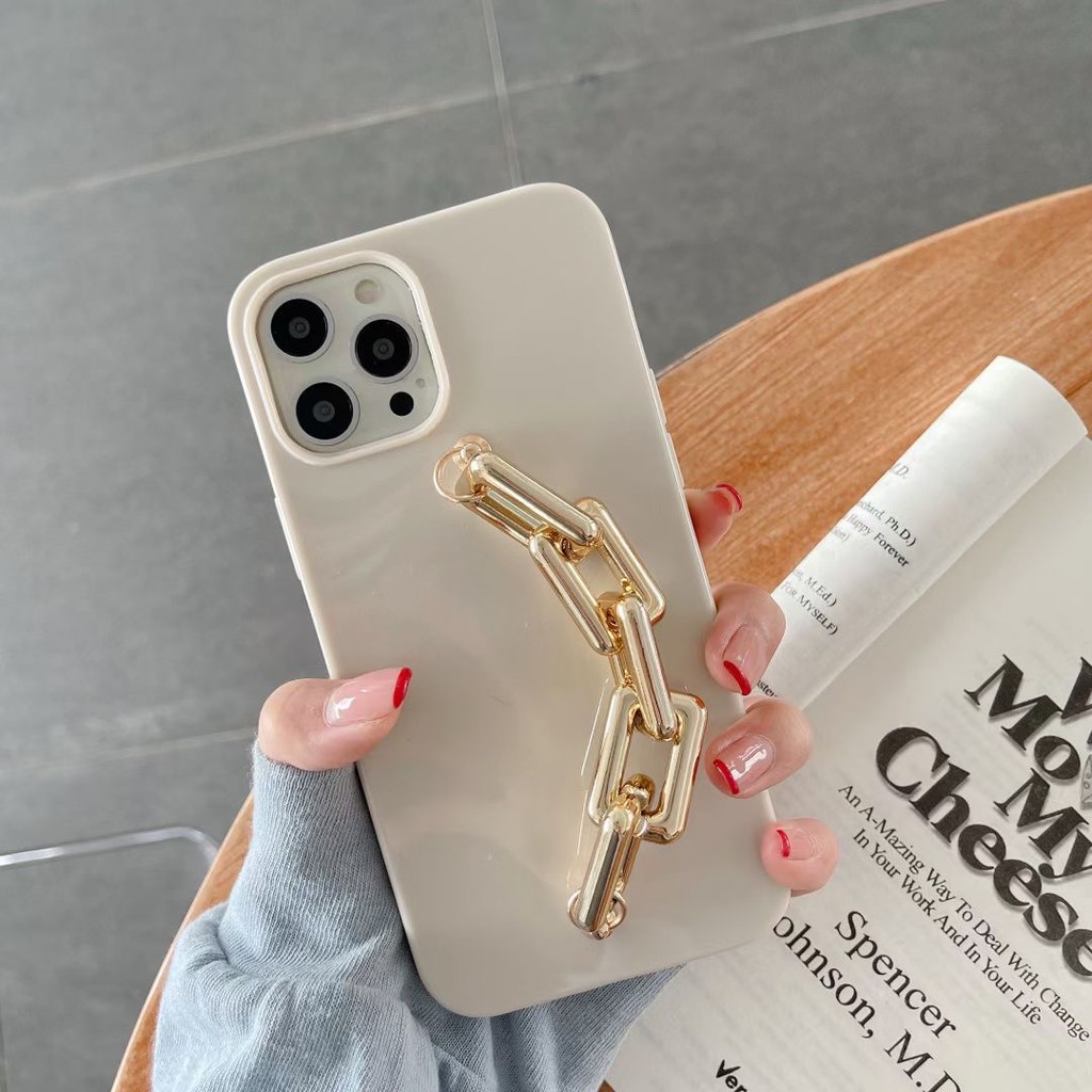 Ốp Điện Thoại Hình Vuông Màu Trắng Phối Dây Xích Đơn Giản Cho Iphone 11 12 Pro Xs Max Xr I8 I7 Plus