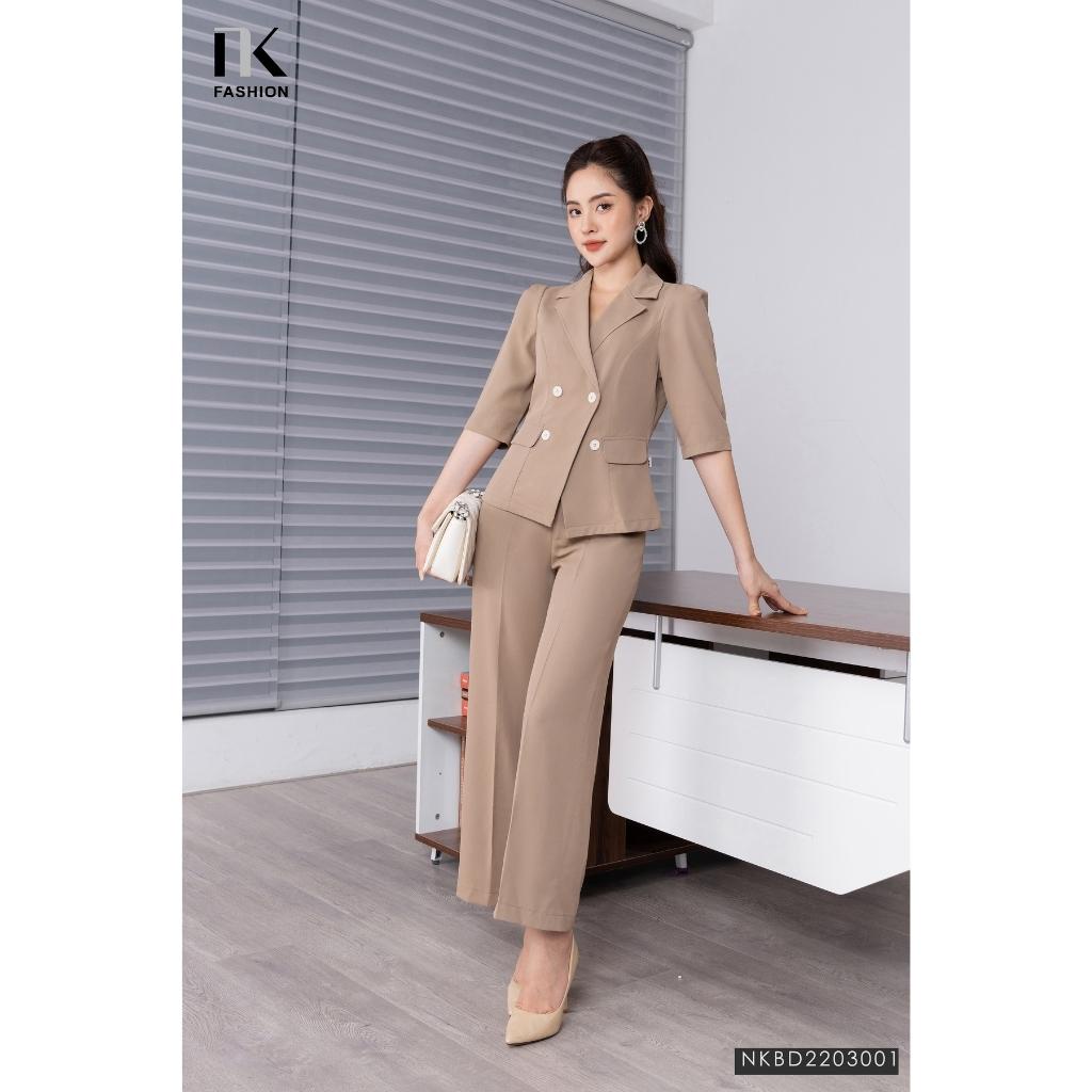 Set Công Sở NK Fashion Áo Cổ Vest Tay Lỡ Kèm Quần Ống Suông Lưng Cao Thanh Lịch, Chất Vải Nhập Hàn Đứng Phom NKBD2203001