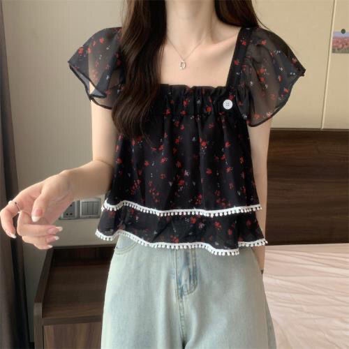 Áo Sơ Mi Tay Ngắn Cổ Vuông In Họa Tiết Hoa Phong Cách Phương Tây Thời Trang Mùa Hè 2022 Mới