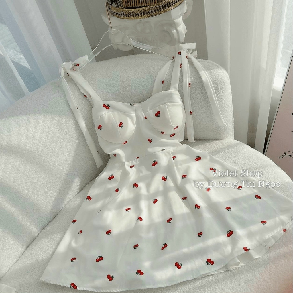 Sét Đầm 2 Dây kèm Áo Khoác Thun Gân Trắng Họa Tiết Cheery Ngọt Ngào Chất Lụa Có Mút Ngực Mặc Đẹp [NEW UNISEX]