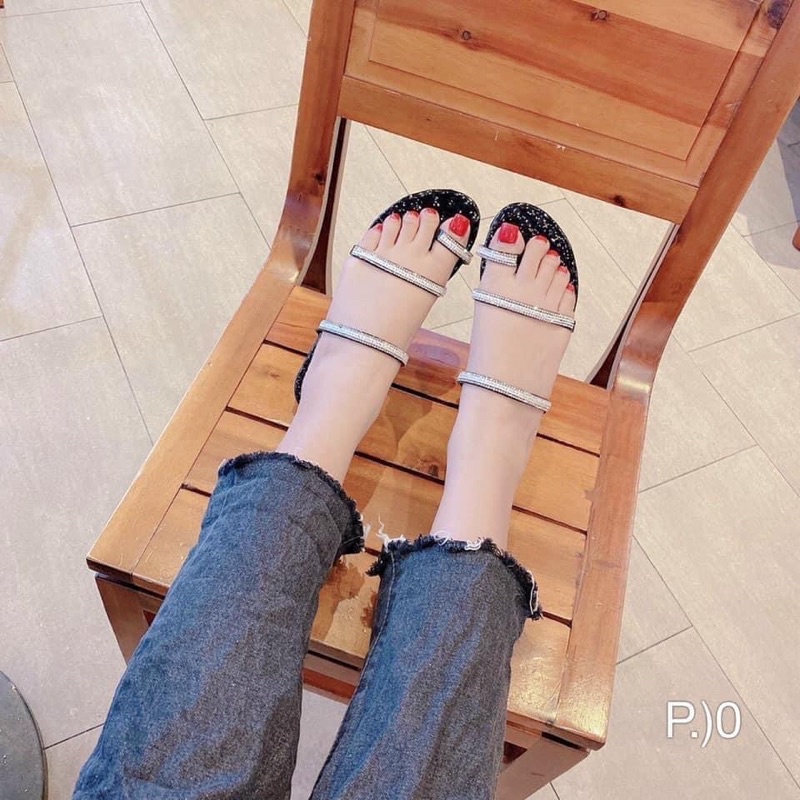 { Hình thật } Dép xỏ ngón đính đá 3 dây đế massage chống trượt