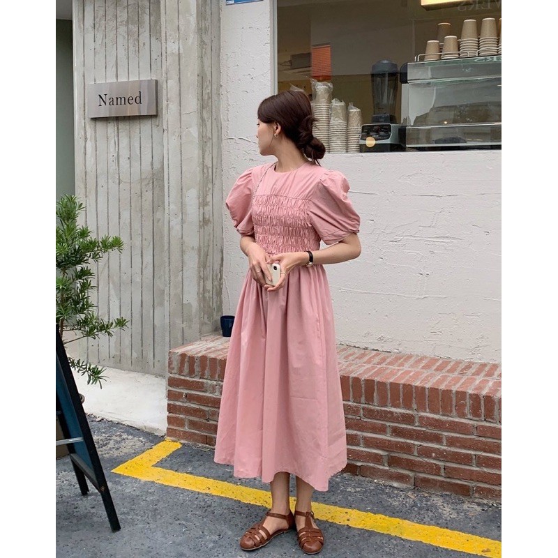 Váy Dài Cổ Tròn Nhún Ngực Eo Phong Cách Hàn Quốc, Đầm Dài Tay Phồng Thanh Lịch Thời Trang Nữ Đi Làm Đi Chơi