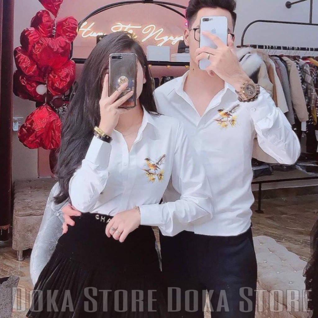 Áo Sơ Mi áo đôi đẹp ADOKA STORE vải Kate nền trắng Họa Tiết In Chim Đại Bàng 7 Màu, Chim vàng Chuyên áo sơ mi cặp - D261