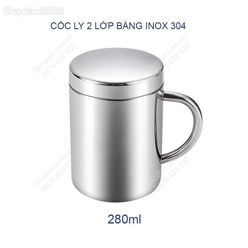 CỐC  BẰNG INOX 304 LOẠI 2 LỚP CHỐNG NÓNG 280ML, CÓ NẮP ĐẠY 2 LỚP