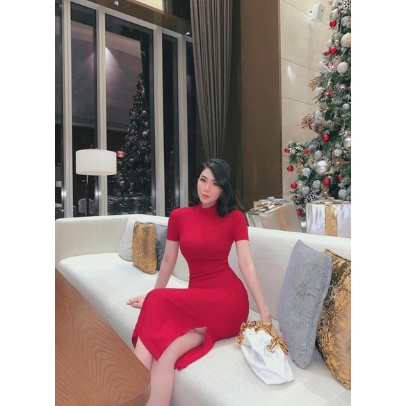 Đầm body tay ngắn cổ lọ xẻ tà-hình thật.