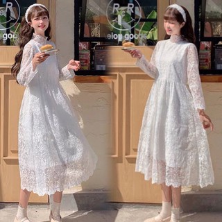 [ Sẵn] Váy trắng ren công chúa dáng xoè cổ lọ Lolita🌸 Đầm trắng chụp kỷ yếu