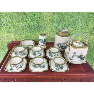 Ấm chén Bát Tràng vẽ hoa đào, Bộ ấm chén pha trà gốm sứ Bát Tràng xinh yêu