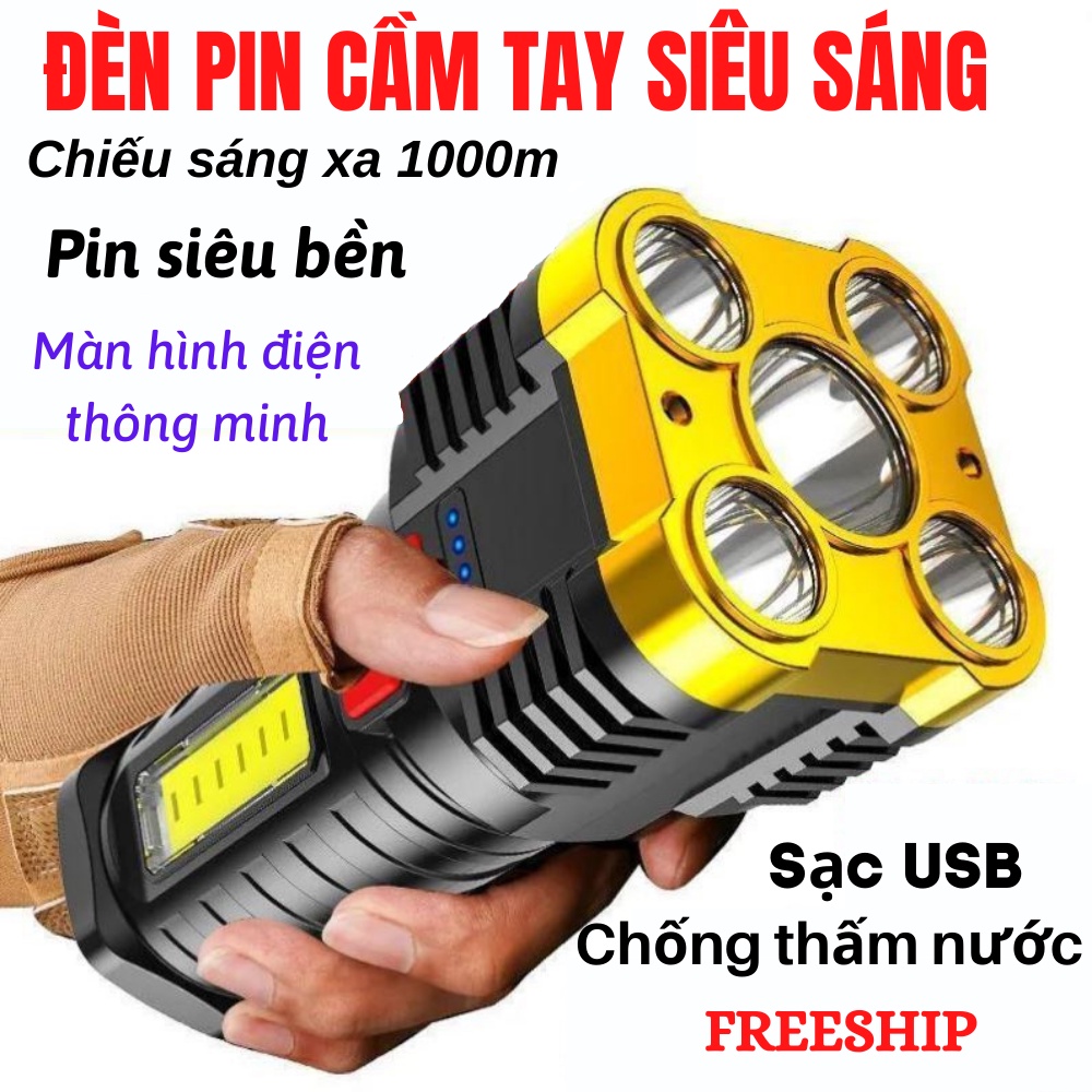 Đèn pin cầm tay nâng cấp 5 bóng chiếu sáng siêu xa, 4 chế độ sáng chống thấm nước Shop Gia Dụng HOÀI AN