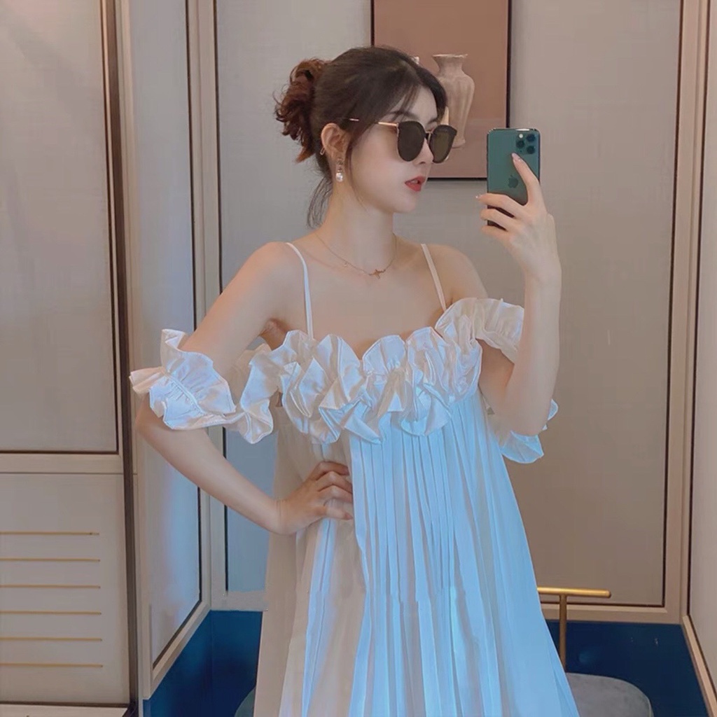 Đầm Nữ Trắng Trễ Vai Phối Bèo Dập Ly - Váy Nữ 2 Dây Dáng Xoè Xếp Li Tiểu Thư Ulzzang