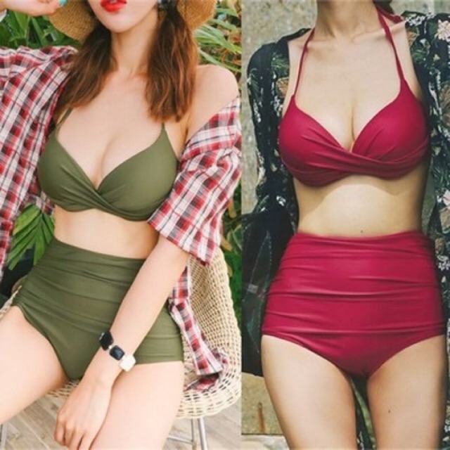 Set bikini đi biển 2 mảnh áo tắm nâng ngực- Đồ bơi nữ quần cạp cao che bụng kín đáo- shopnabi