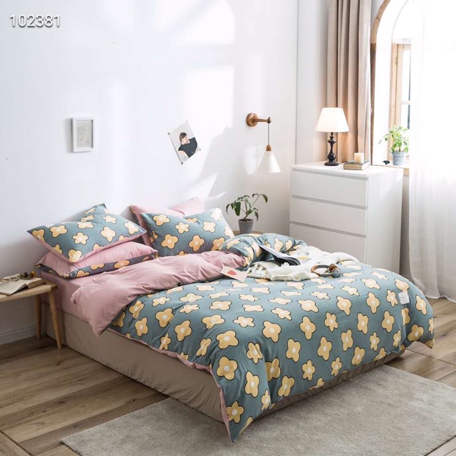 Bộ Chăn ga gối Cotton hoạt tính - Hoa ban mix ga hồng.