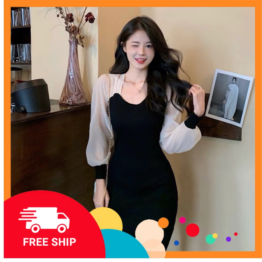Đầm Len Ôm Body Tay Bồng Phối Voan - Sỉ Ngọc Tâm