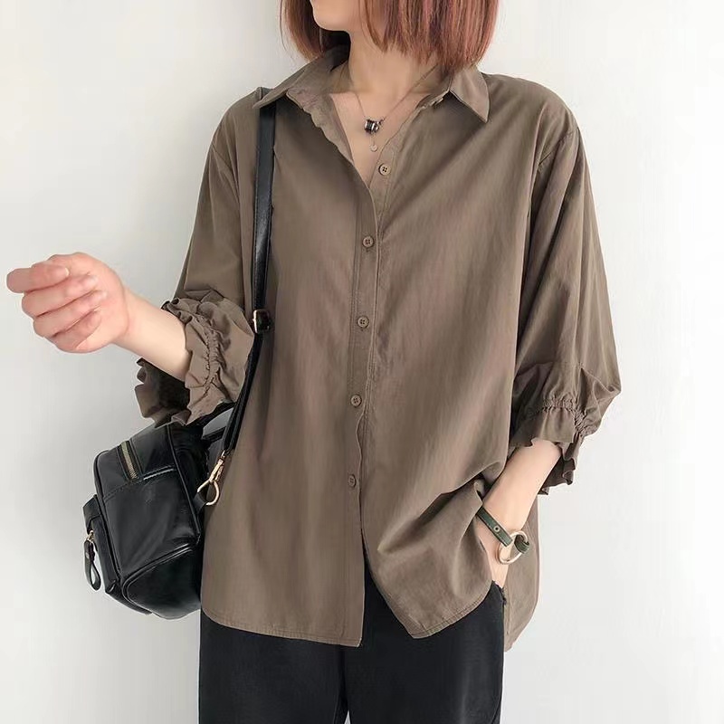 SUXI Áo Sơ Mi Tay Dài Dáng Rộng Màu Sắc Đơn Giản Thời Trang Hàn Quốc Xinh Xắn Cho Nữ