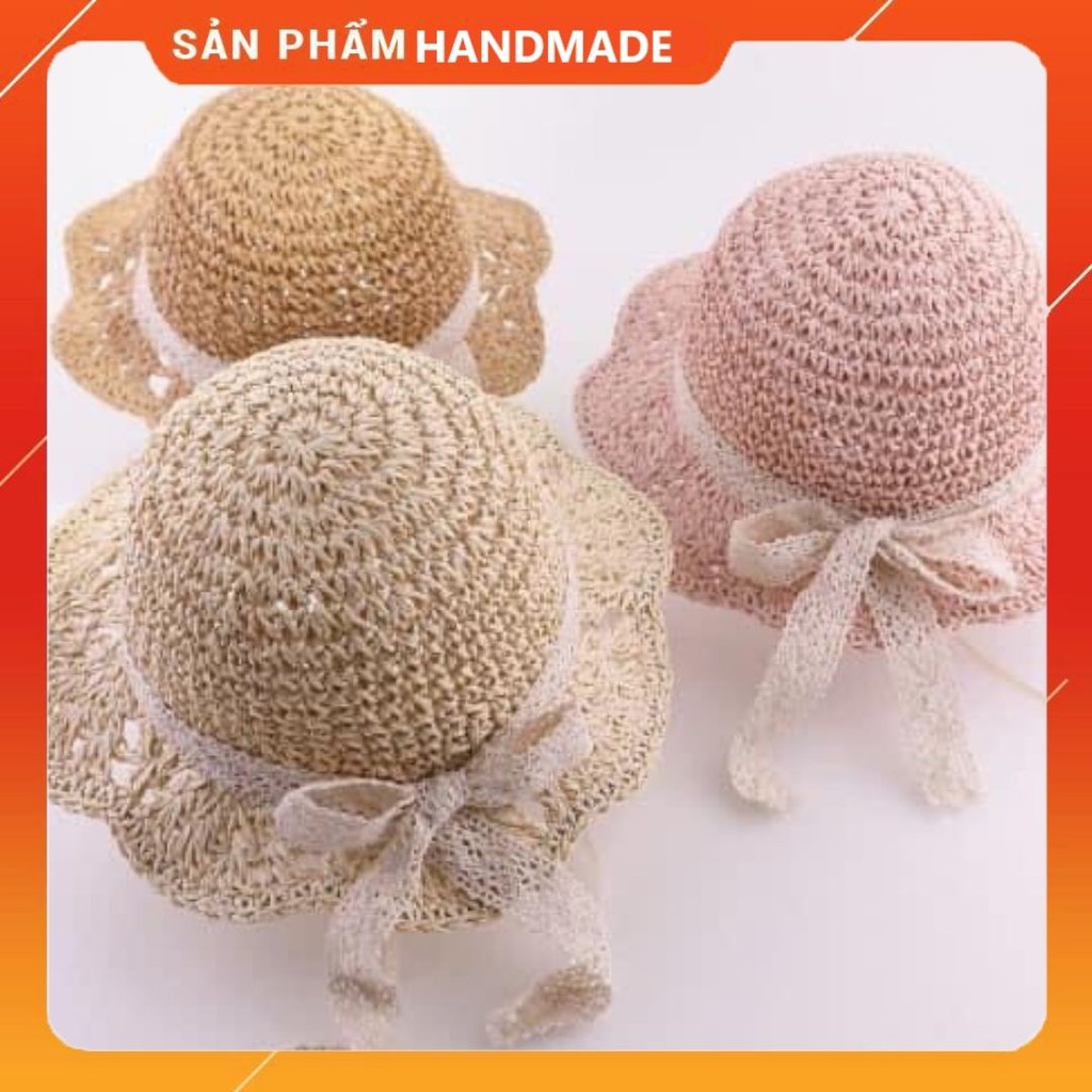Mũ Cói HANDMADE Phong Cách Vintage Nón Cói Phối Ren Cực Xinh Siêu Thoáng Cho Bé Gái Từ 1 Đến 7 Tuổi
