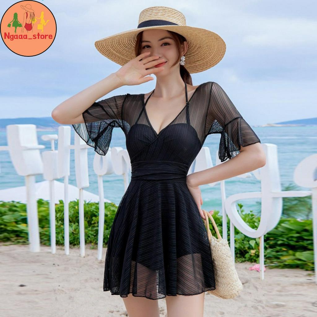 Đồ bơi nữ liền thân đi biển kín đáo BK0666, Bikini 1 mảnh tay cánh tiên có quần bảo hộ chân váy phong cách hàn quốc