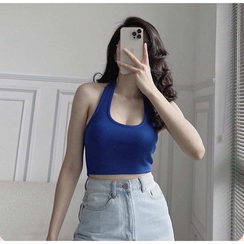 Áo croptop cổ yếm Lyzin chất thun tăm gân siêu co giãn mềm mịn