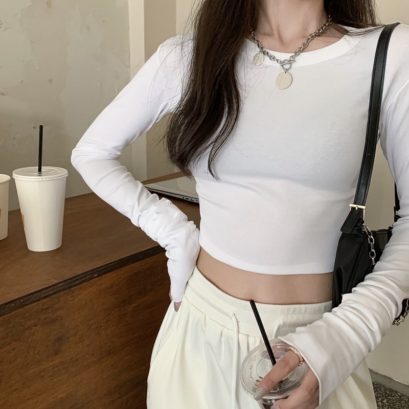 ▲❆☽áo thun ngắn tay hở rốn gợi cảm nữ pull dài vừa vặn ôm sát dưới cùng