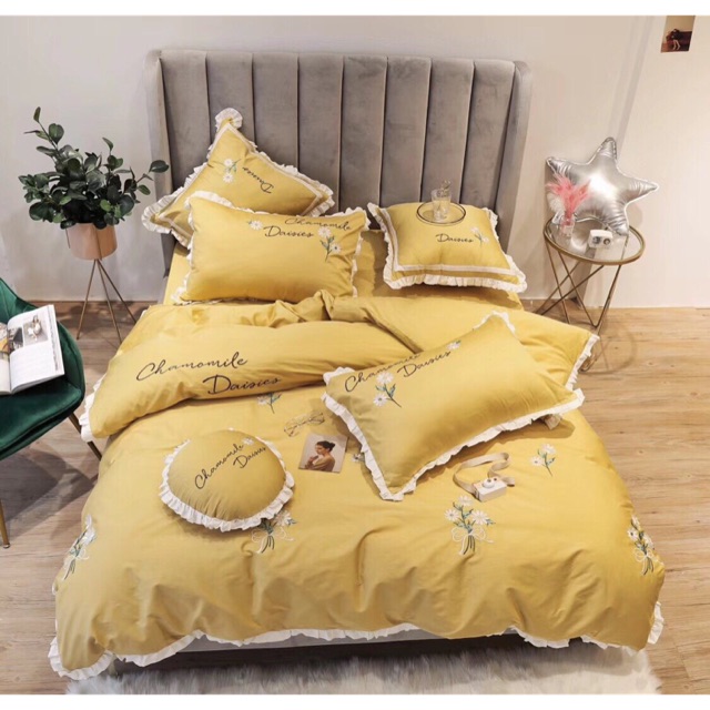Bộ chăn ga cúc hoạ mi 3 màu hồng, vàng, xanh (tặng kèm gối tròn trang trí)