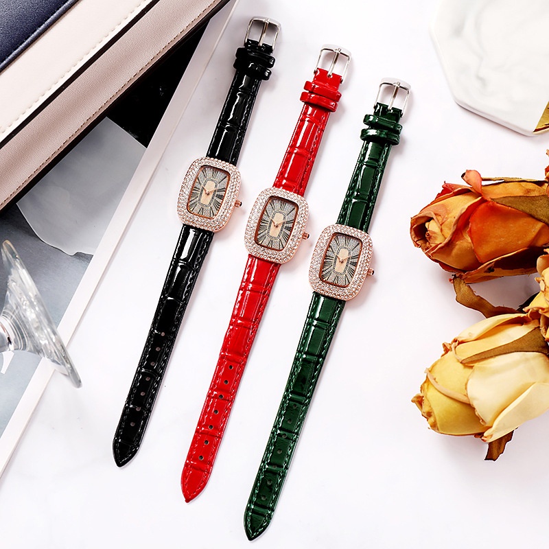Đồng Hồ Đeo Tay Máy Quartz Đính Kim Cương Nhân Tạo Màu Xanh Lá Đơn Giản Cho Nữ