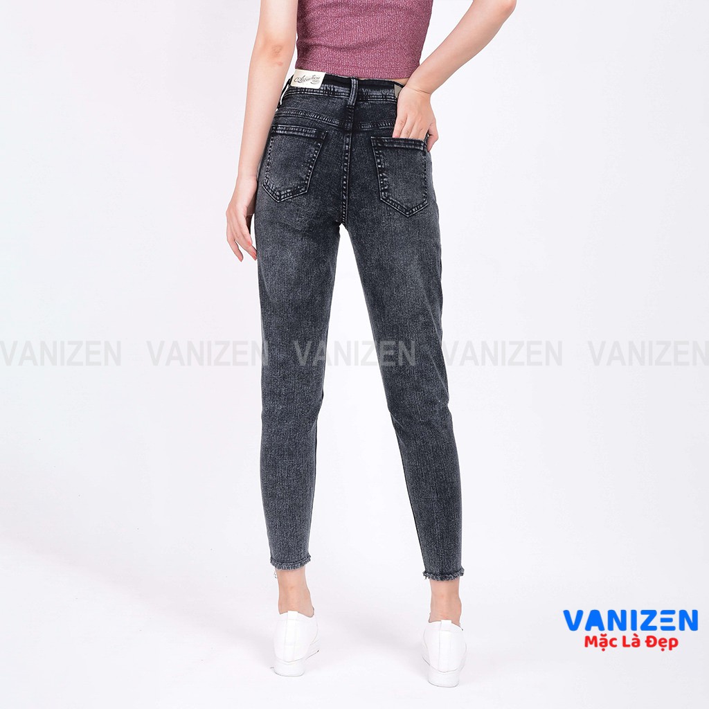 Quần jean nữ ống rộng baggy đẹp lưng cao cạp căn trơn xám khói gấu tua rua hàng hiệu cao cấp mã 443 VANIZEN